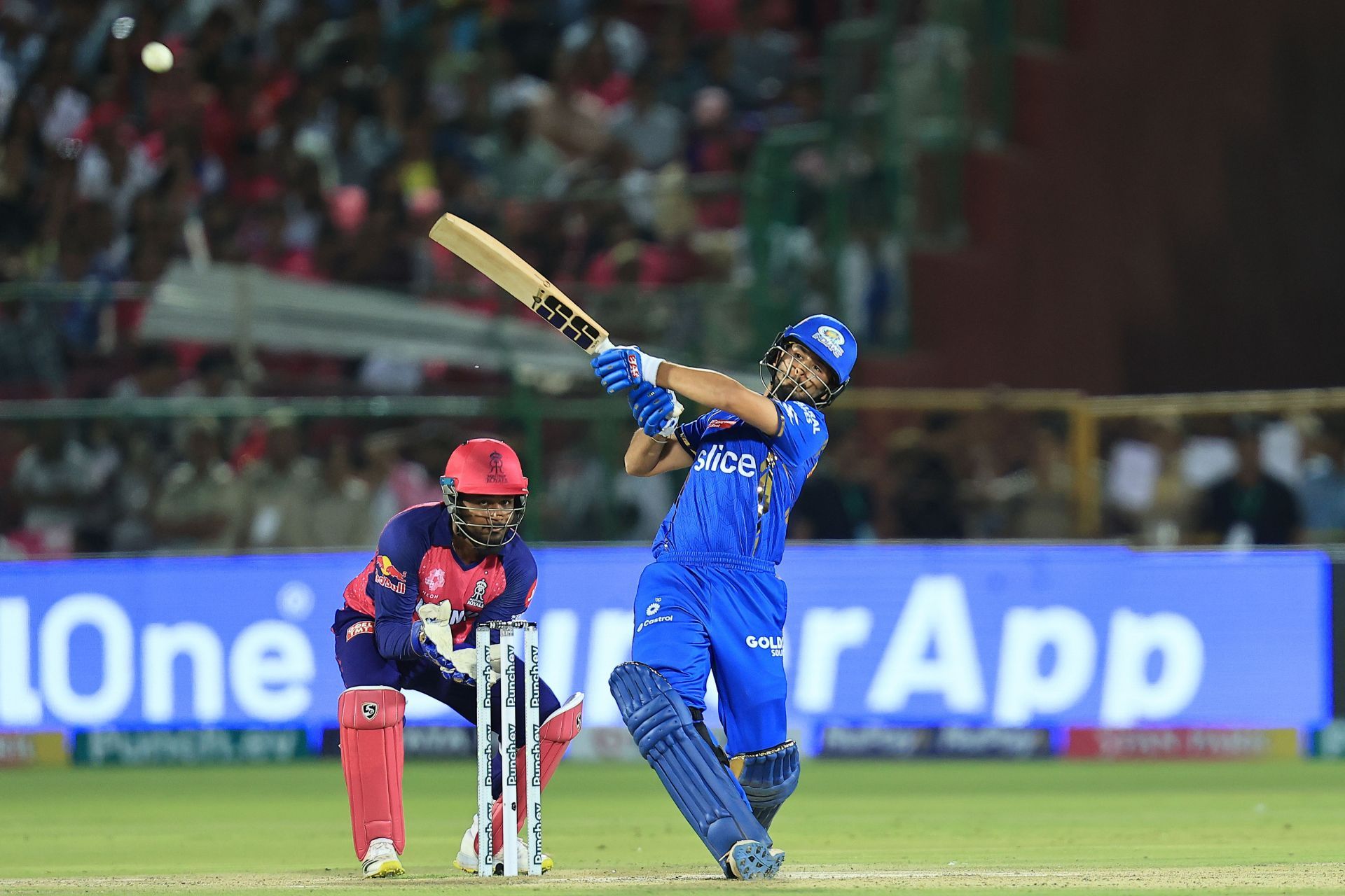 Nehal Wadhera smokes a six for MI in IPL 2024. Source: Getty