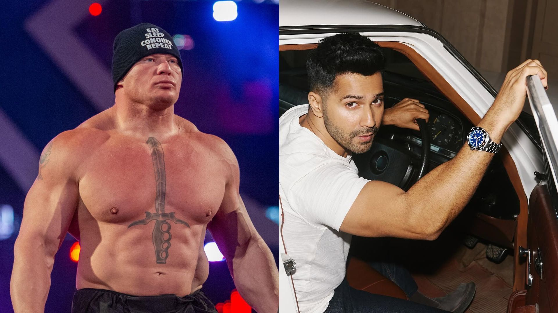 Brock Lesnar (L), Varun Dhawan (R). [Pictures credit - WWE.com &amp; Dhawan