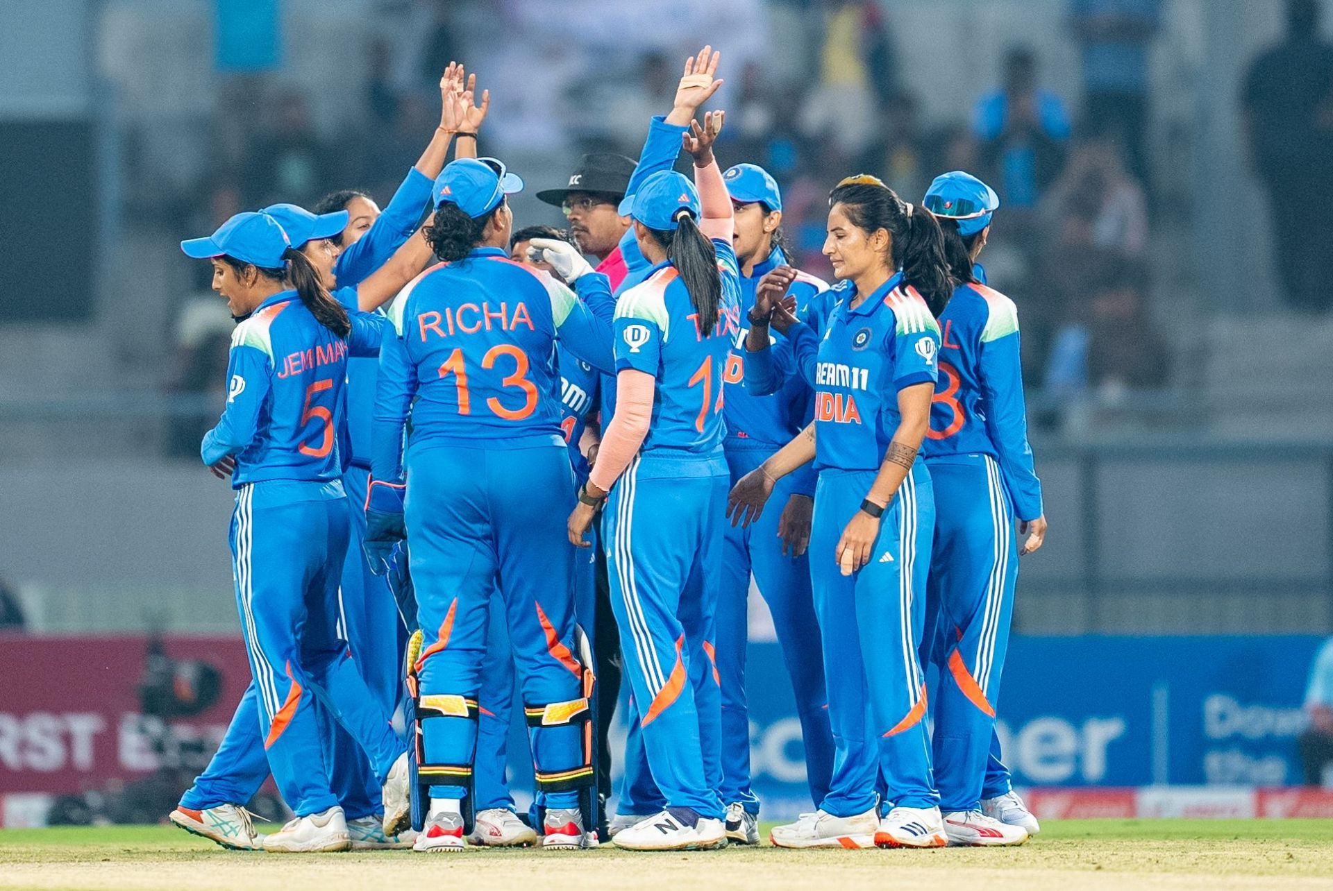 India Women celebrating a West Indies Women wicket in Vadodara. [@BCCIWomen on X]