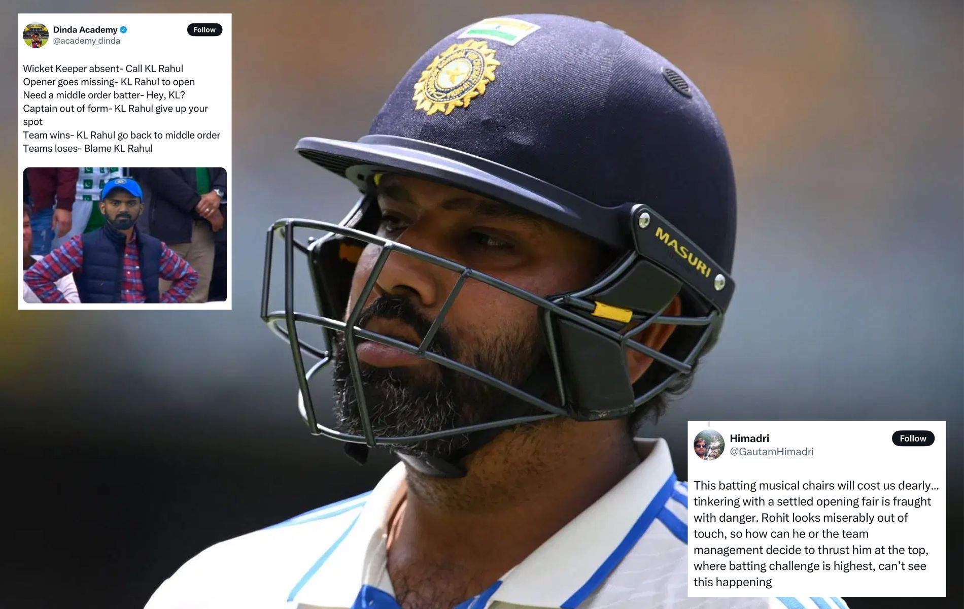 Many fans opined that Rohit Sharma should not replace KL Rahul as an opener in BGT 2024-25 4th Test. (Pics: Getty Images/X/@GautamHimadri/@academy_dinda).