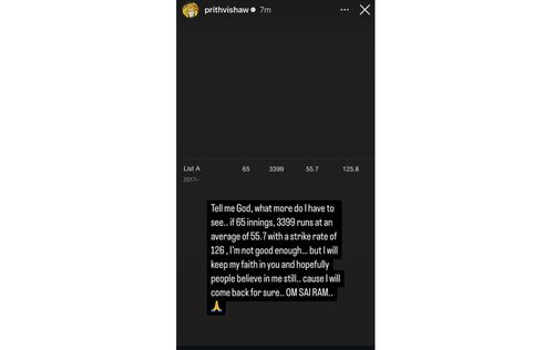 Screenshot of Prithvi Shaw's Instagram story.