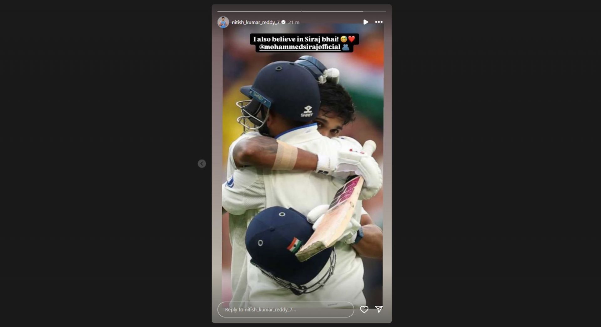 Nitish Kumar Reddy&#039;s latest Instagram story. [Pic credits: @nitish_kumar_reddy_7 IG stories]