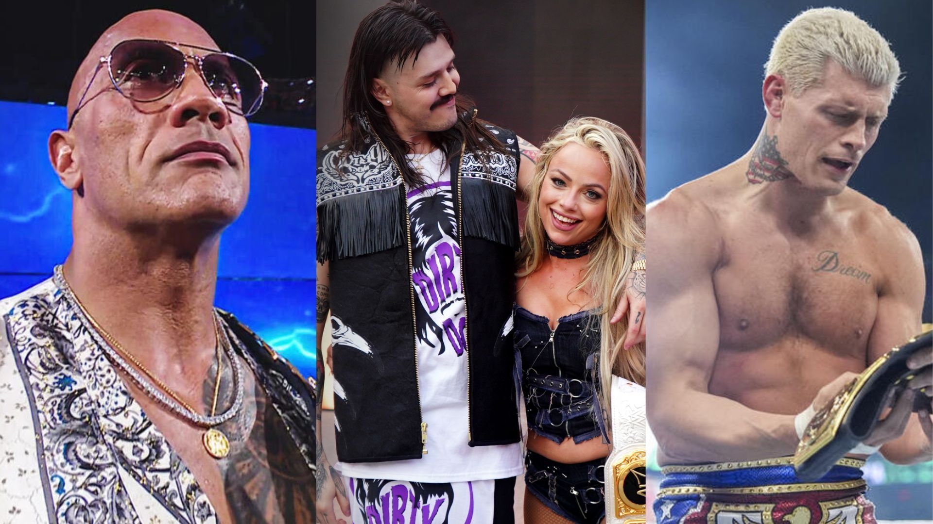 The Rock; Dominik Mysterio and Liv Morgan; Cody Rhodes (Images via WWE.com)