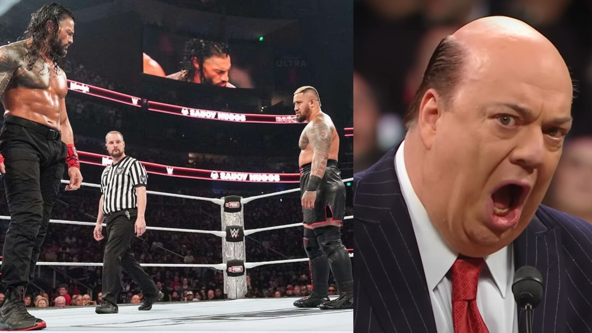 Roman Reigns (left) facing Solo Sikoa (center); Paul Heyman (right) [Image Credits: WWE.com and WWE