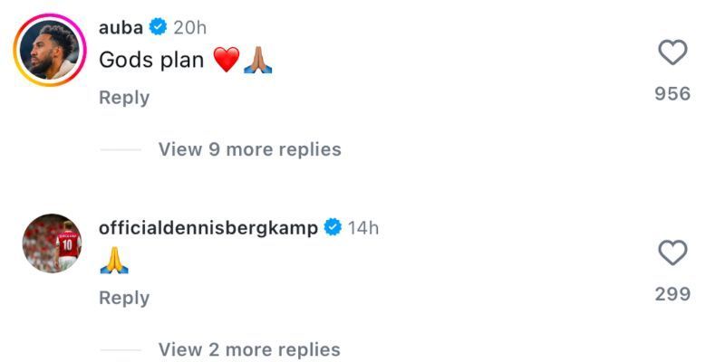 Pierre-Emerick Aubameyang and Dennis Bergkamp&#039;s comment on Bukayo Saka&#039;s post