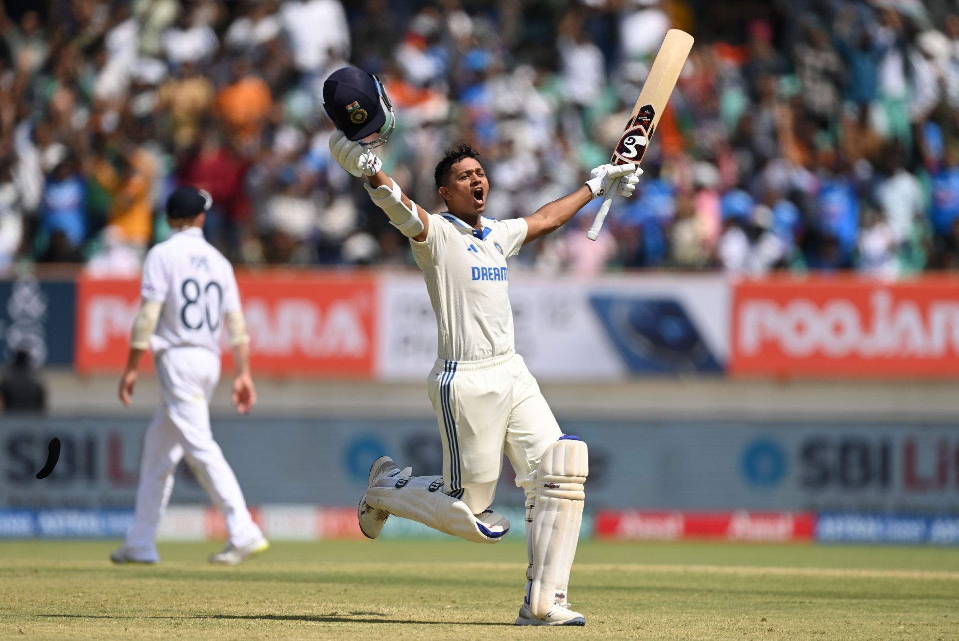 Jaiswal celebrates after reaching his double century in the third Test against England. Source: Getty