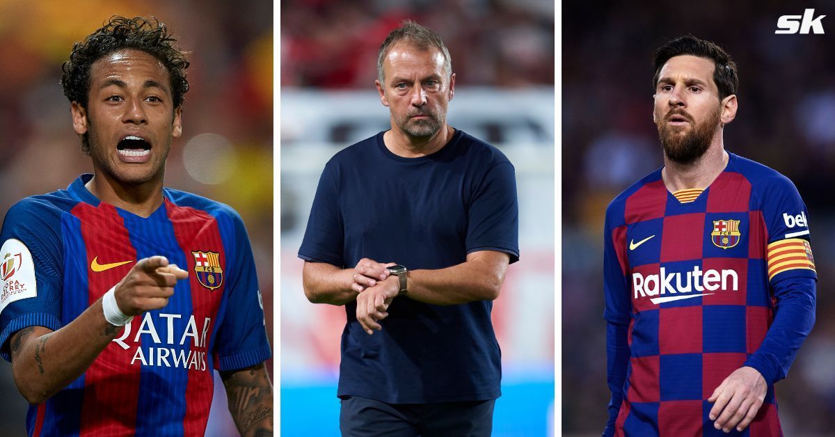 L to R: Neymar Jr, Hansi Flick and Lionel Messi (All images sourced from Getty)