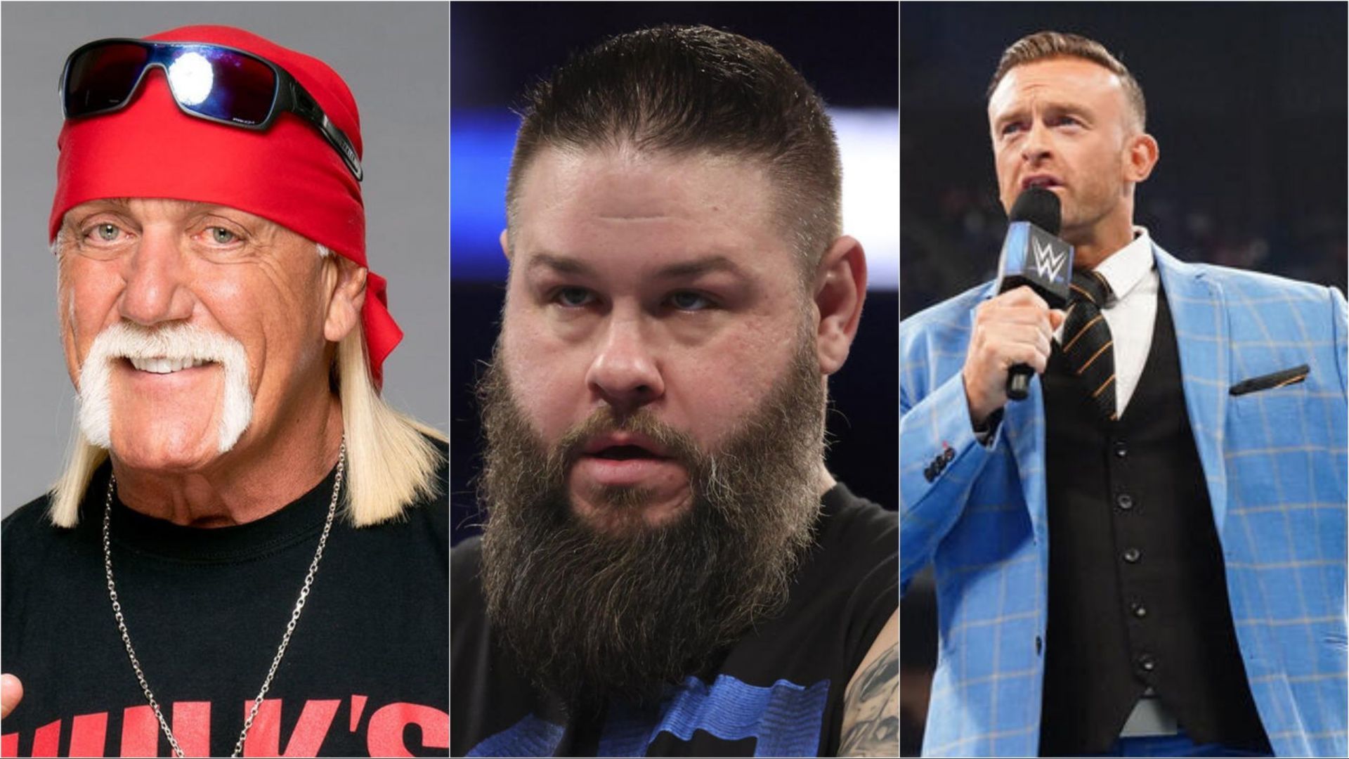 WWE superstar Kevin Owens (middle), WWE legend Hulk Hogan (left) and SmackDown GM Nick Aldis (right) - Photo credit: WWE.com)