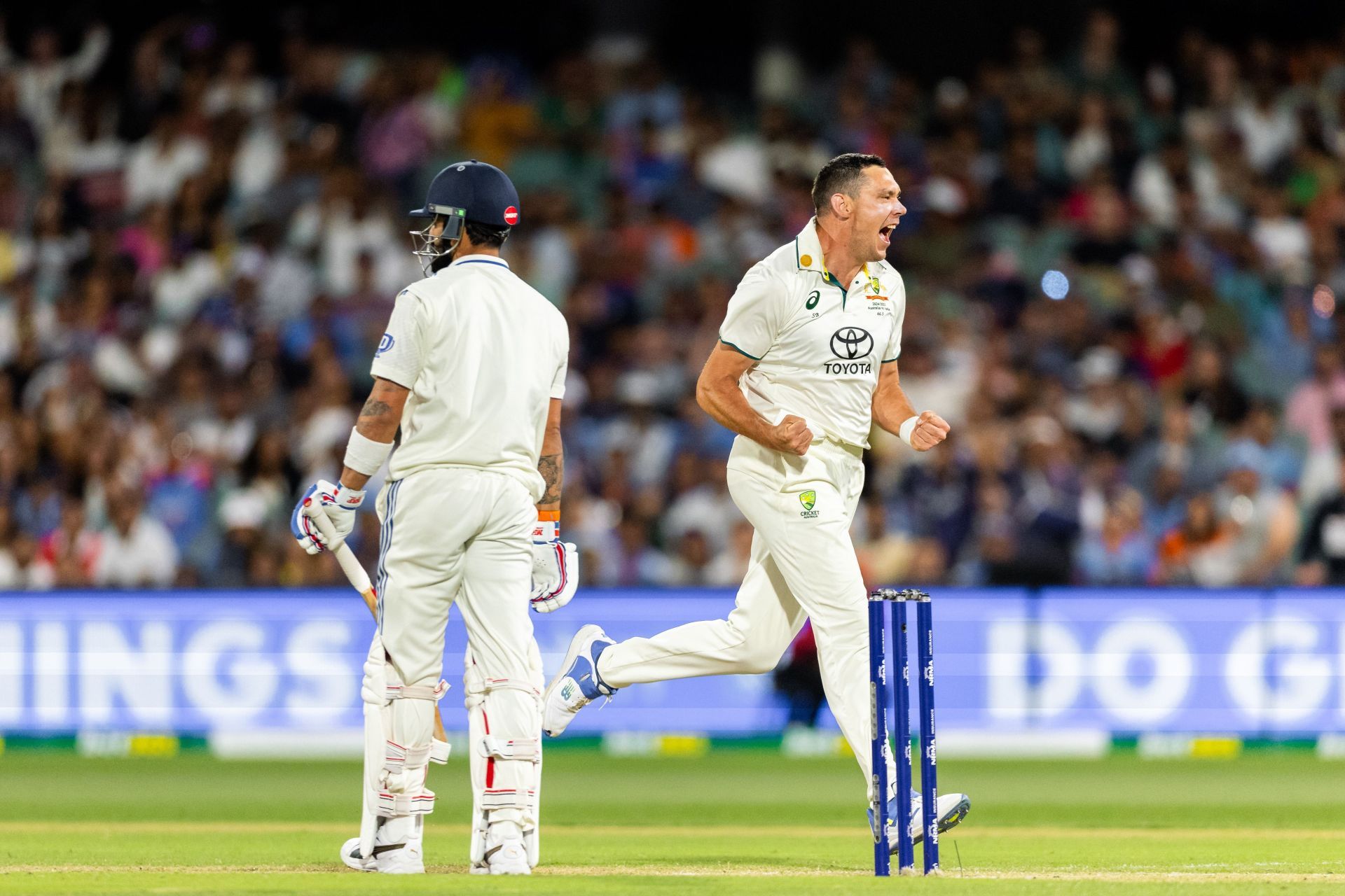 Scott Boland celebrates picking up the wicket of Virat Kohli in the second Test. Source: Getty