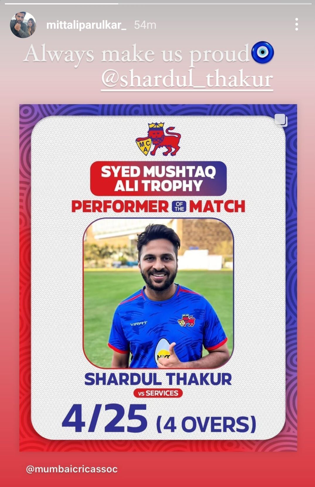 Mittali Parulkar on Shardul Thakur&rsquo;s dominant display in SMAT 2024 (Image via Instagram-@mittaliparulkar_)