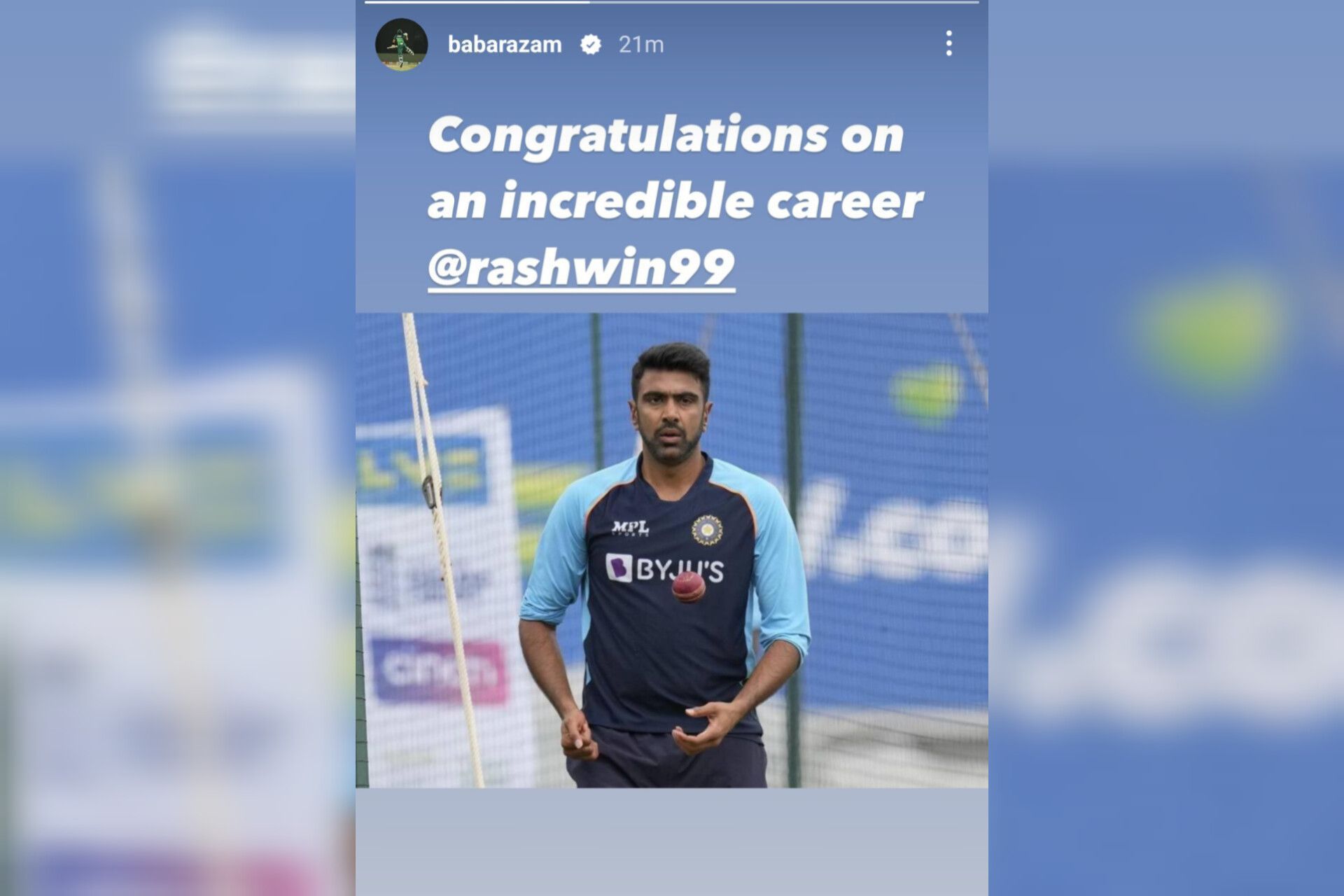 Babar Azam sends wishes to R Ashwin as he retires from international cricket (Image via Instagram-@babarazam)