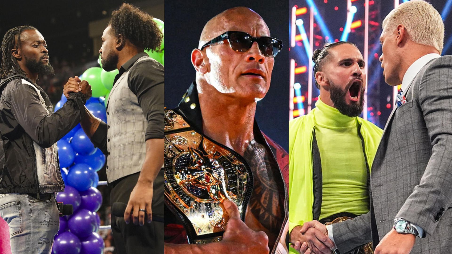 The New Day; The Rock; Seth Rollins and Cody Rhodes (Images via WWE.com)