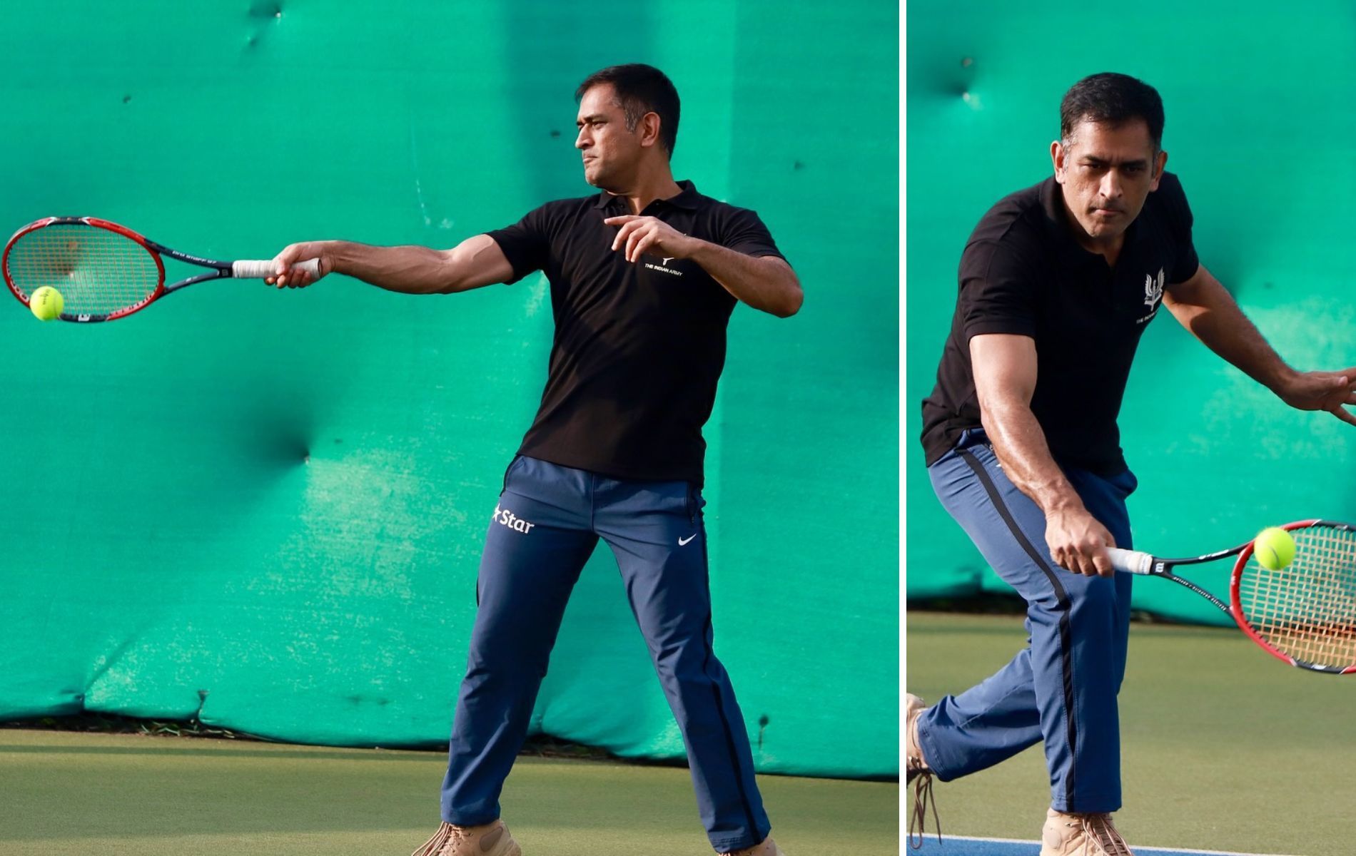 MS Dhoni playing a game of tennis. (Pic: Instagram/bajaj.sumeetkumar)