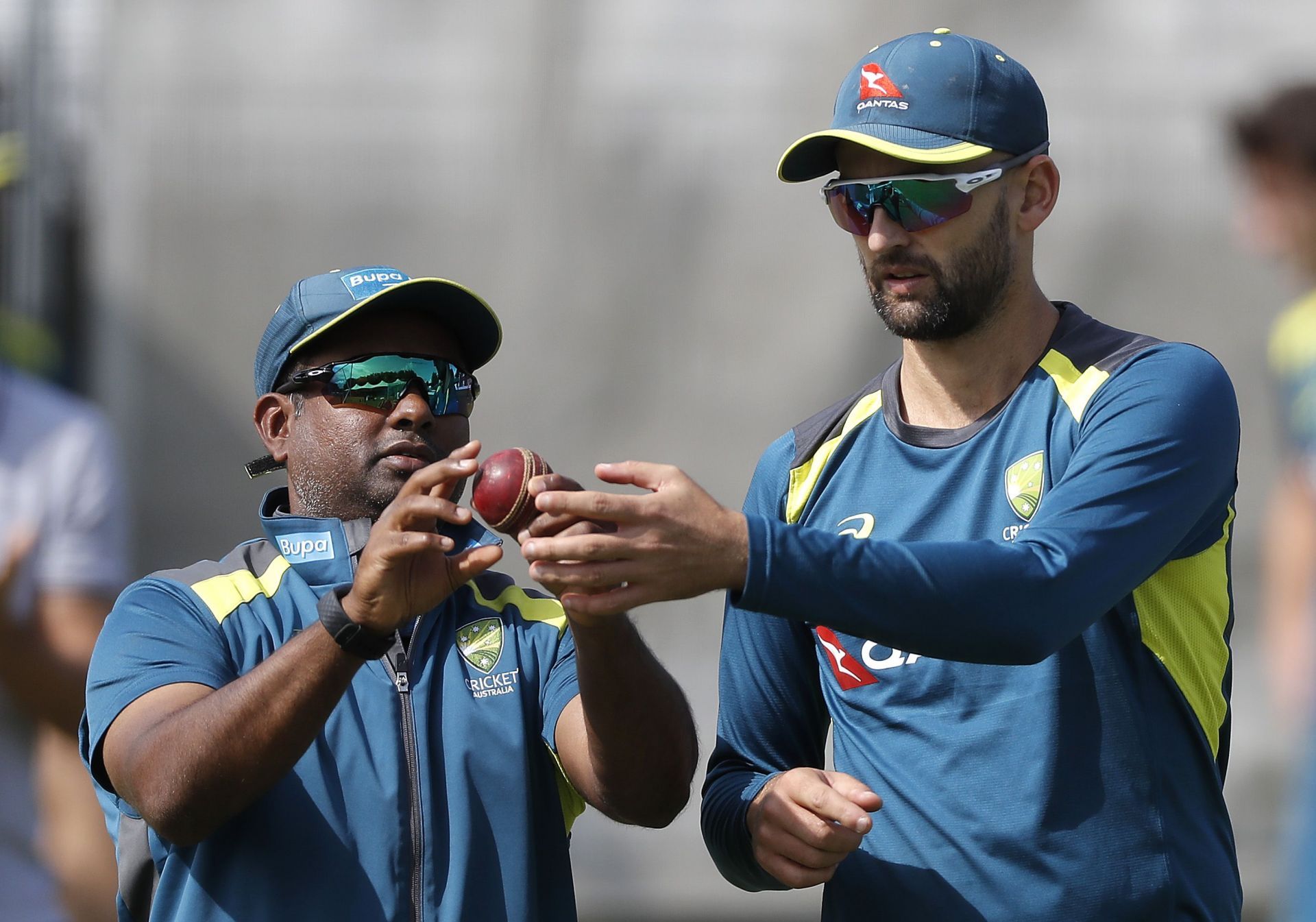 Sriram working with Nathan Lyon during his sting as a spin bowling consultant for Austraia. Source: Getty