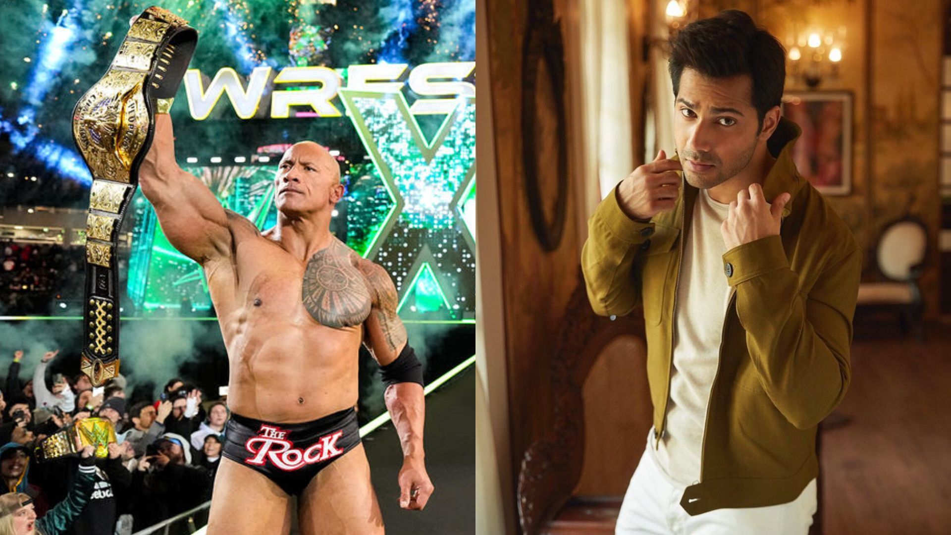 The Rock (left), Varun Dhawan (right). [Photos via: WWE.com &amp; Dhawan