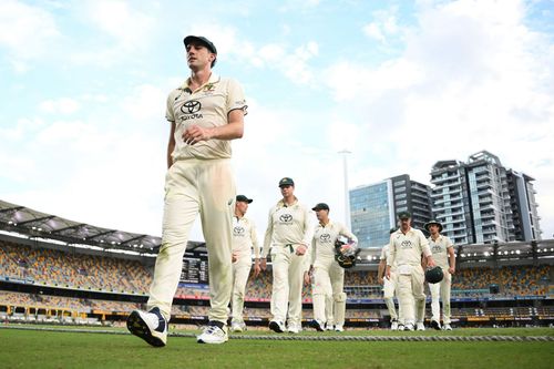 Pat Cummins leads his team off the field. (Credits: Getty)