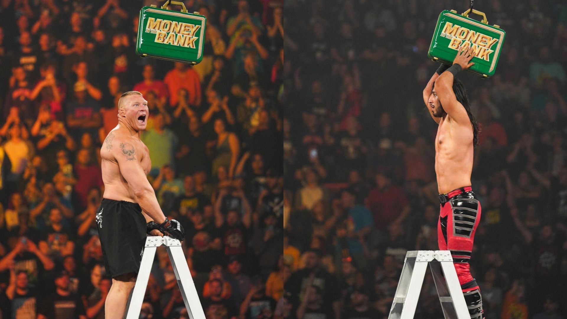 Brock Lesnar and Mustafa Ali during the Money in the Bank match. [Images via WWE.com]