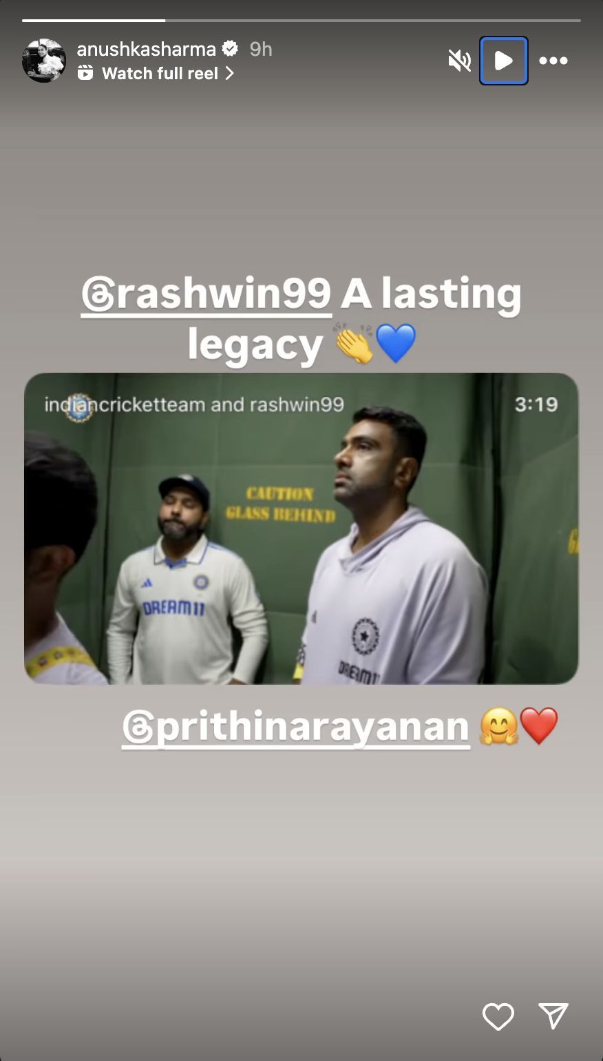 Anushka Sharma wishes R Ashwin on his retirement. (Image Credit: Instagram/Anushka Sharma)