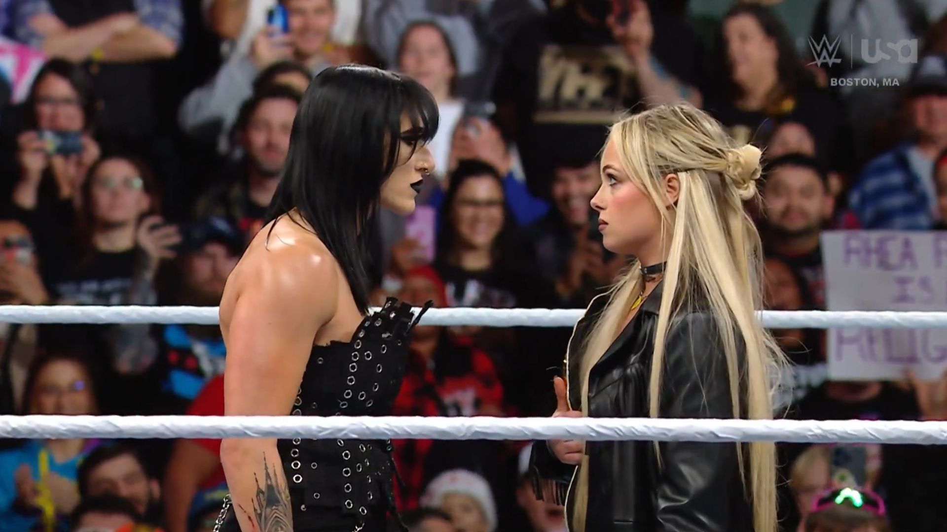 Rhea Ripley confronting Liv Morgan [Image Credits: WWE