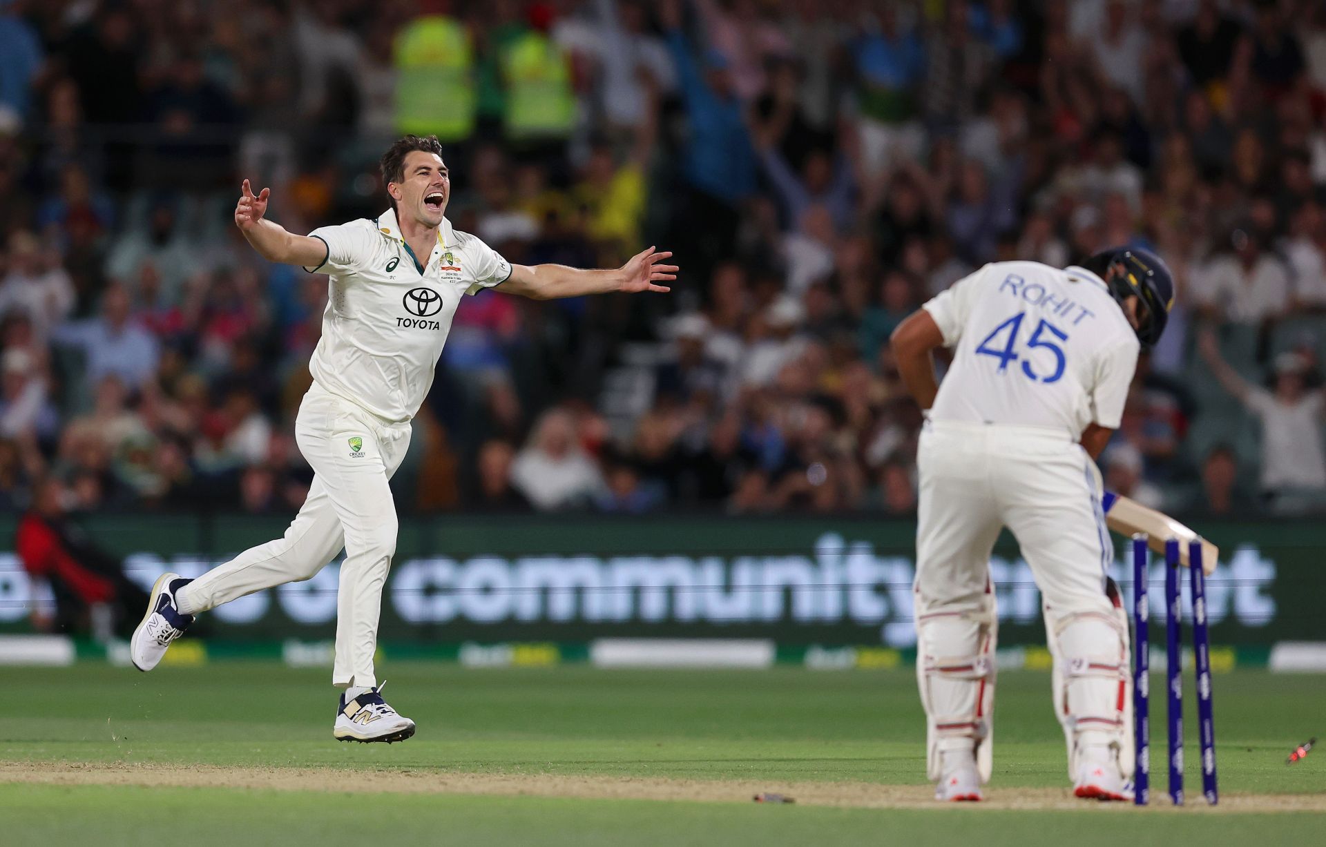 Rohit Sharma was castled by Pat Cummins in India&#039;s second innings in Adelaide. [P/C: Getty]