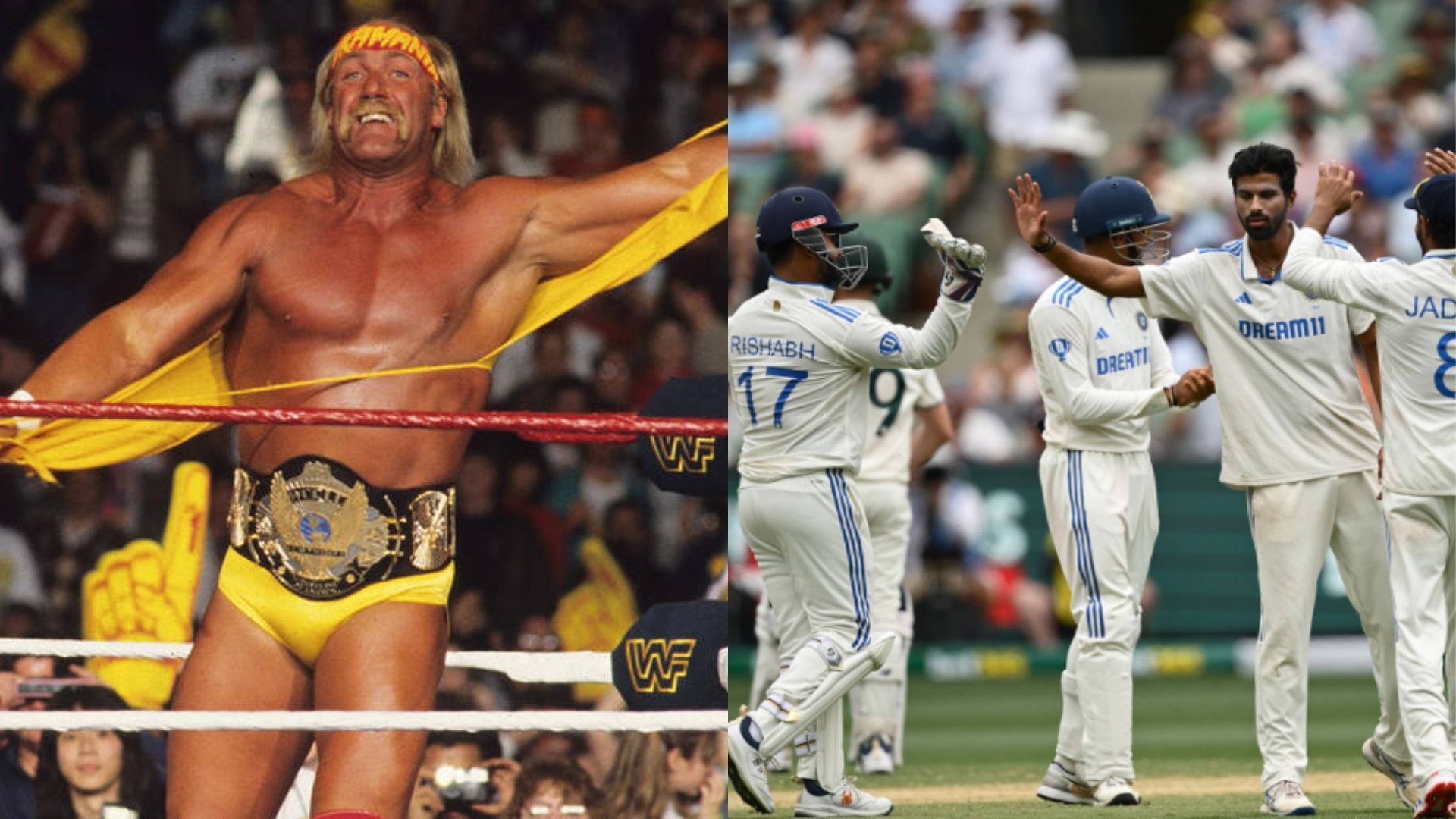 Hulk Hogan (left), India vs. Australia (right) (Image Credits: WWE.com and Team India on Instagram)