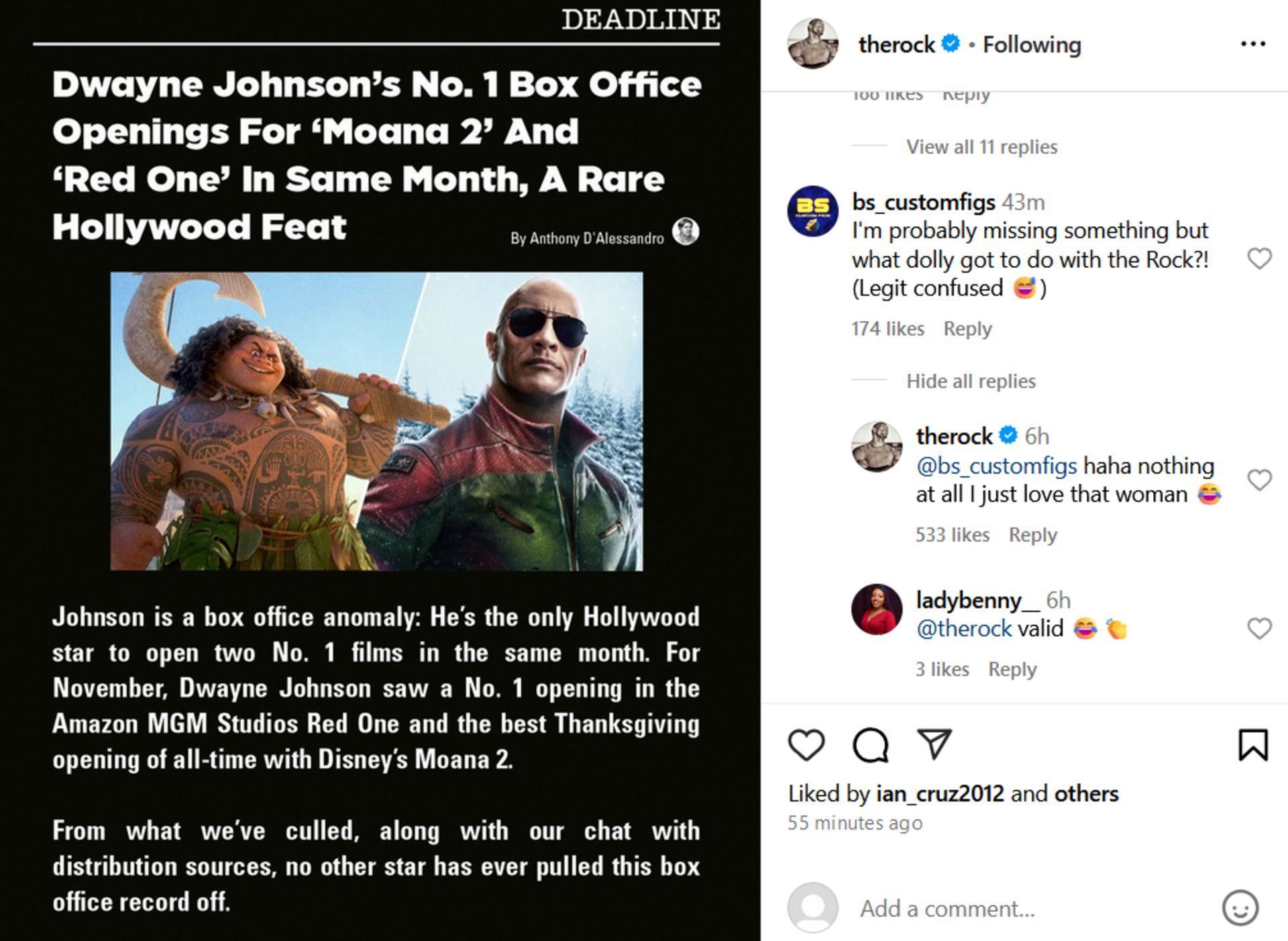 Screenshot of The Rock&#039;s comment on Instagram (Photo Credit: The Rock on Instagram)