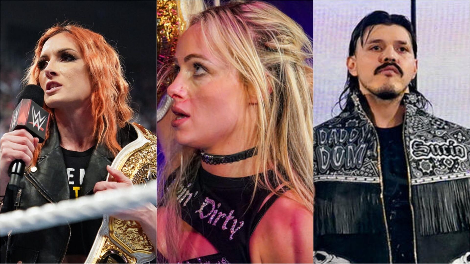 Becky Lynch (left), Liv Morgan (centre) and Dominik Mysterio (right) - Photo credit: WWE.com