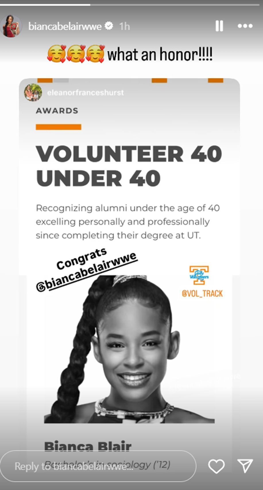 Bianca Belair has been honored by her college [Source: Screengrab from Belair&#039;s IG story]