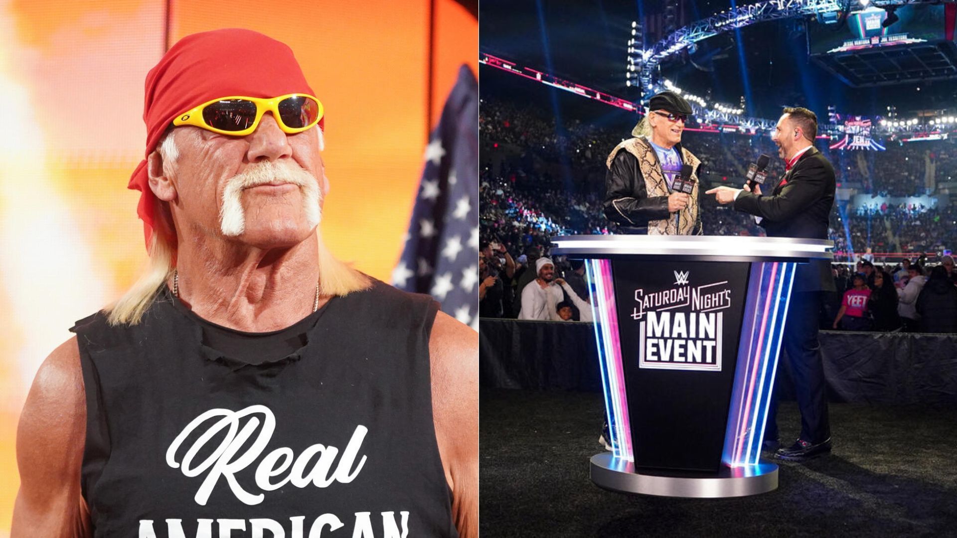 Hulk Hogan (left); Jesse Ventura and Joe Tessitore (right) [Image Credits: wwe.com]