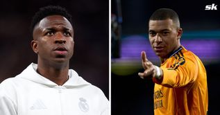 Vinicius Jr reacts as Kylian Mbappe scores his first ever hat-trick for Real Madrid during 3-0 win over Valladolid