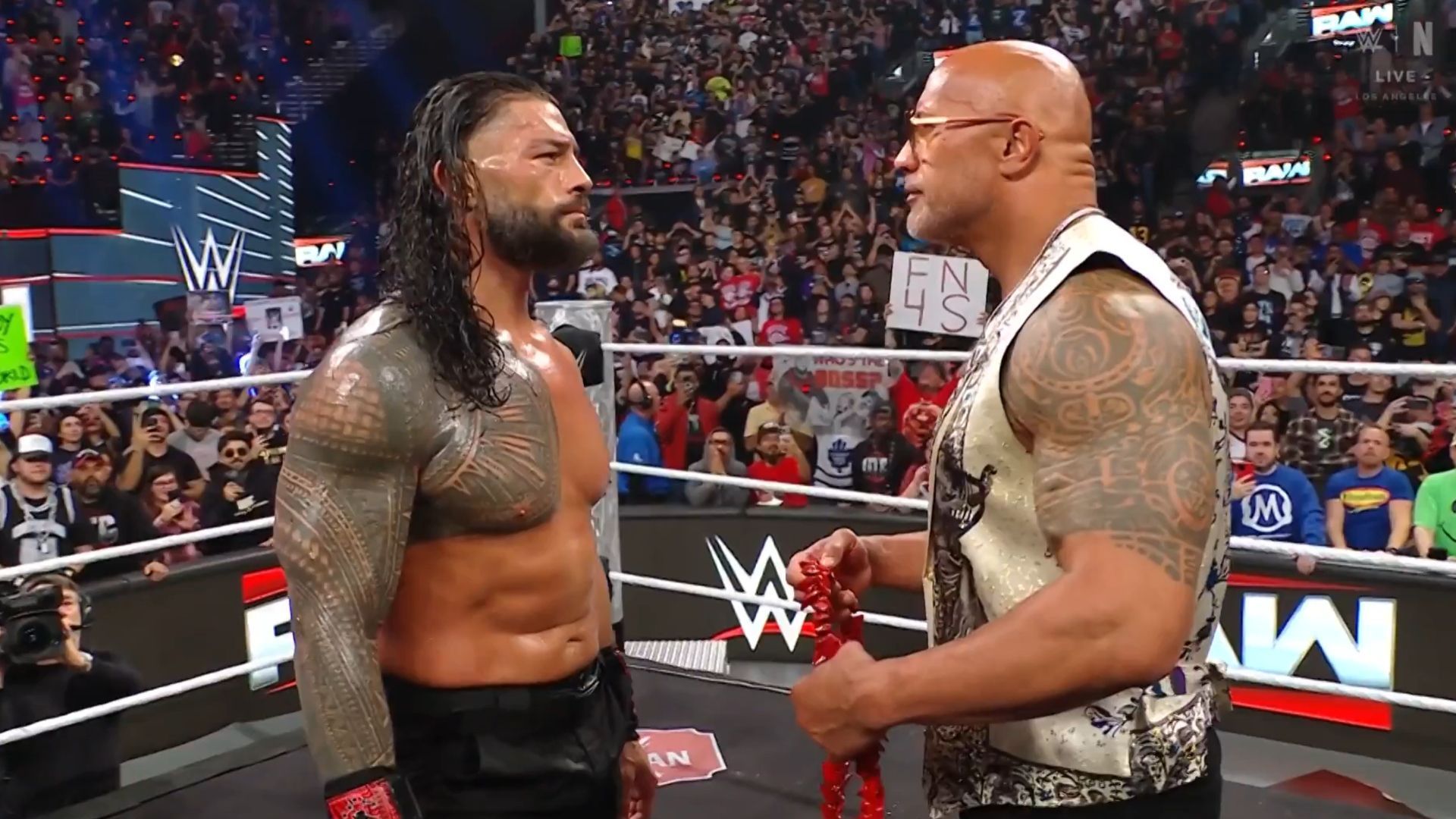 Roman Reigns (left) and The Rock (right) at the Netflix premiere of WWE RAW [Image Credits: WWE