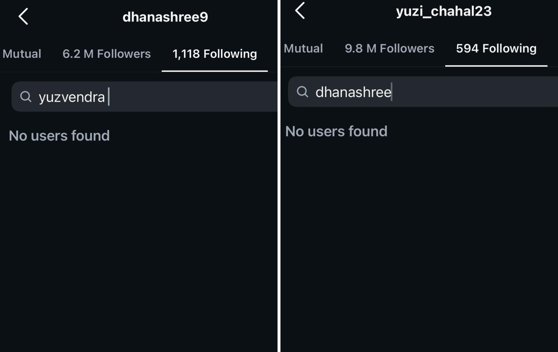 Screenshots of Dhanashree Verma and Yuzvendra Chahal&#039;s Instagram following list.