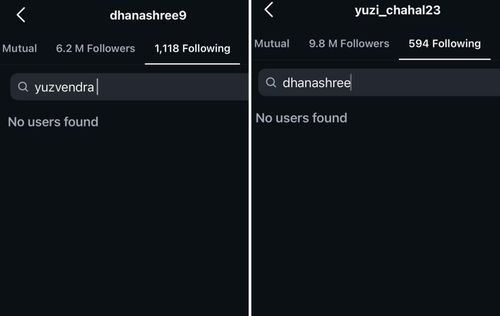 Screenshots of Dhanashree Verma and Yuzvendra Chahal's Instagram following list.