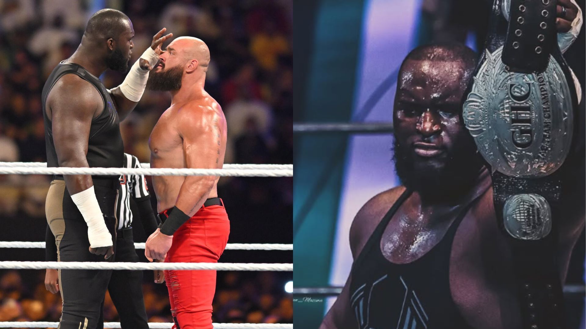 Braun Strowman and Omos crossed paths at the 2022 Crown Jewel PLE (Image Credits: WWE.com and Omos Instagram)