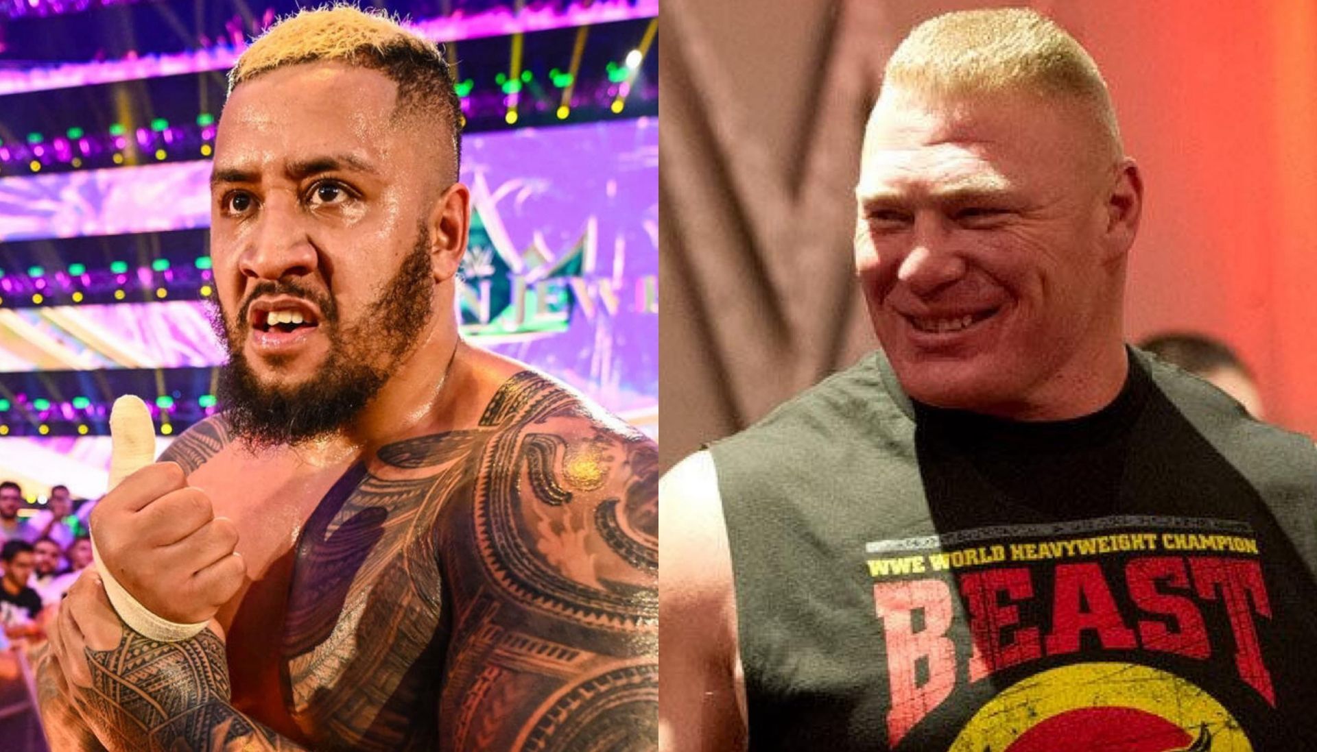 Solo Sikoa (left); Brock Lesnar (right) (Images via WWE.com)