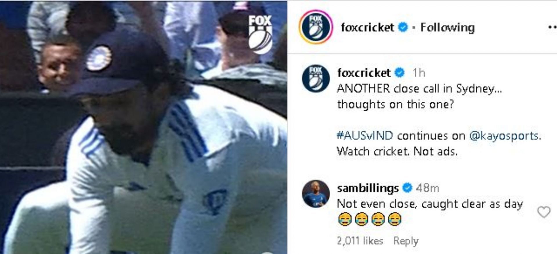 Sam Billings&#039; reply to Fox Cricket&#039;s Instagram post on KL Rahul&#039;s catch (Source: Fox Cricket Official Instagram)