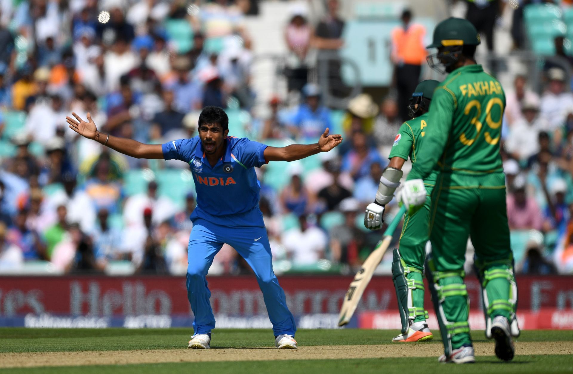 Jasprit Bumrah appeals for a wicket in the 2017 CT final. (Image Credits: Getty Images)