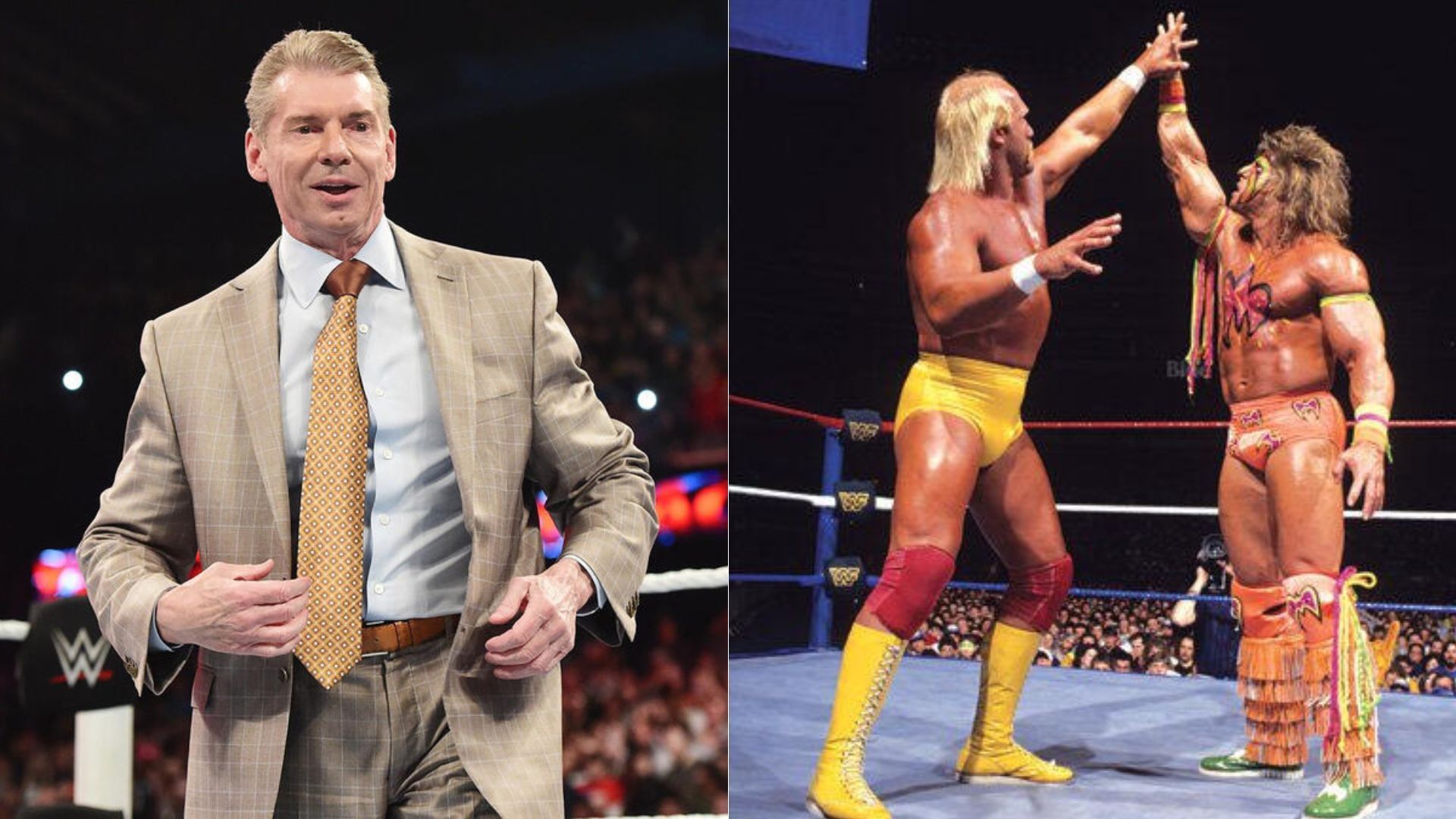 Vince McMahon (left); Hulk Hogan and Ultimate Warrior (right) [Image Credits: wwe.com]