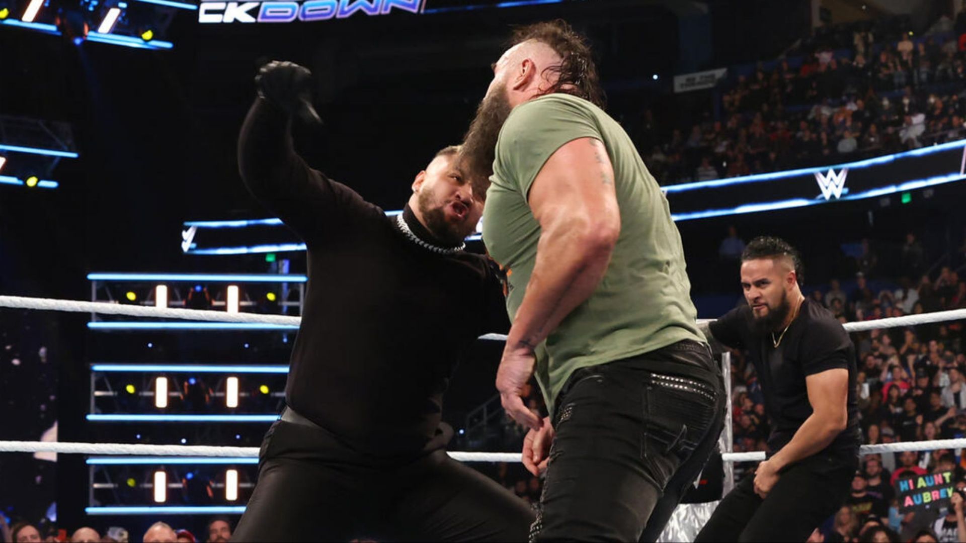 Solo Sikoa and The New Bloodline assaulted Braun Strowman on SmackDown (Photo credit: WWE.com)