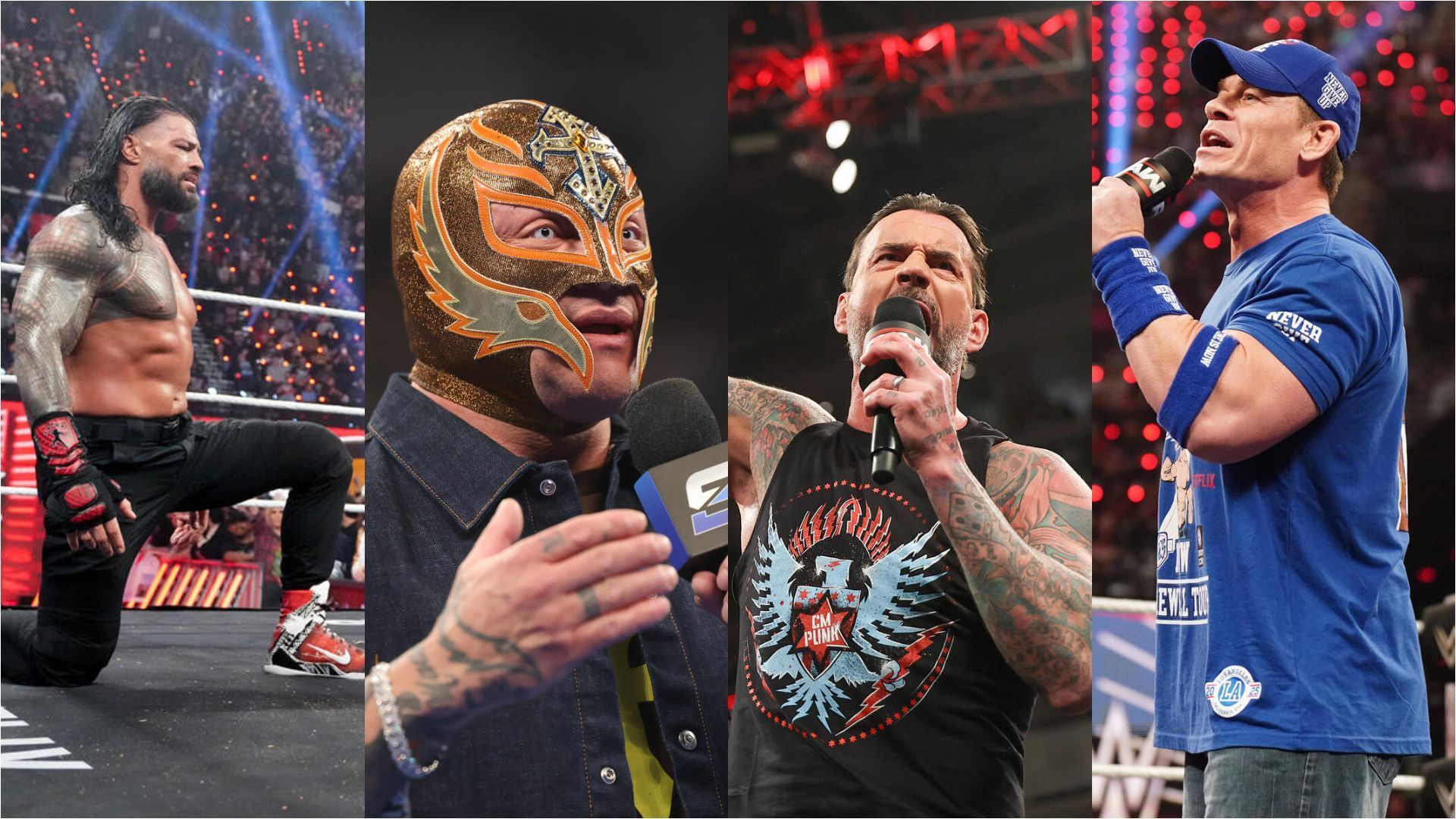 Roman Reigns, Rey Mysterio, CM Punk, and John Cena have all declared for the Men&#039;s Royal Rumble. [Images via WWE.com]