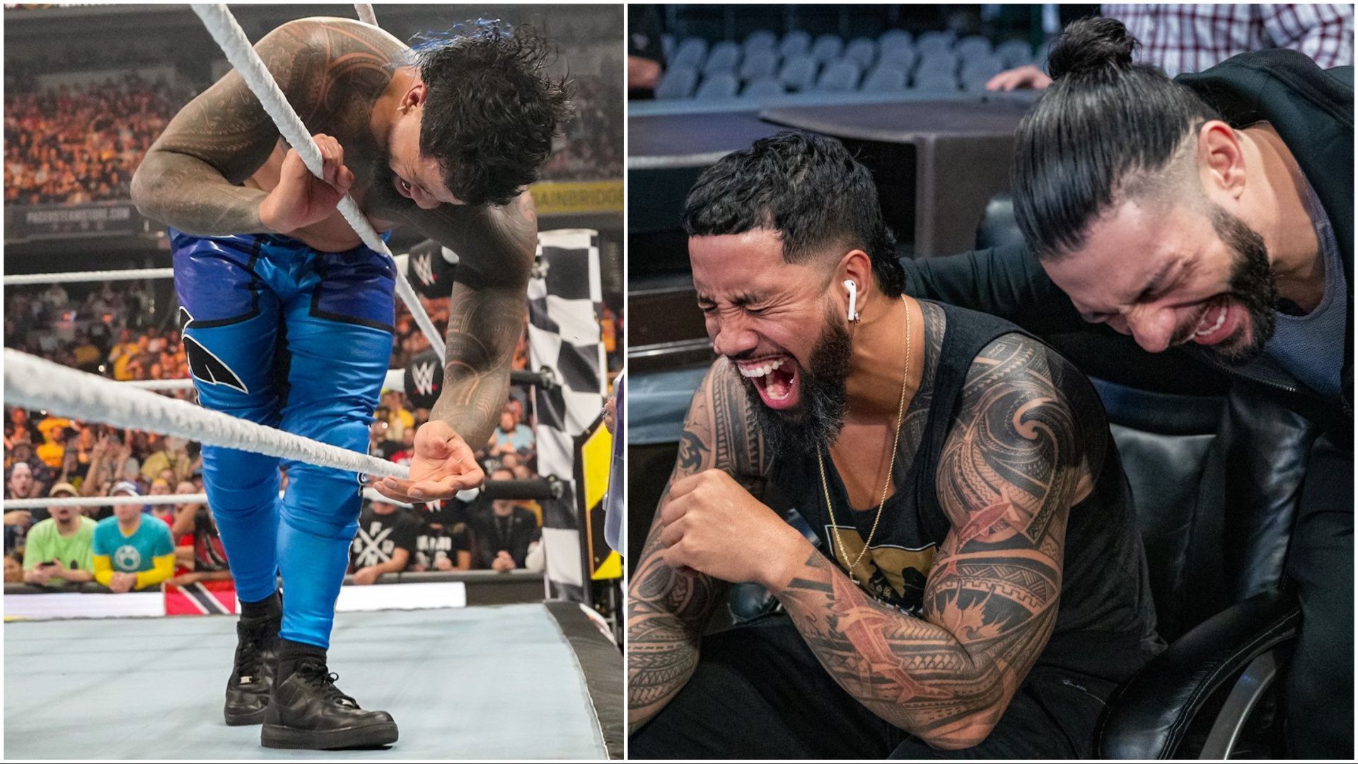 Jey Uso at WWE Fastlane, Jey and Roman Reigns share a laugh