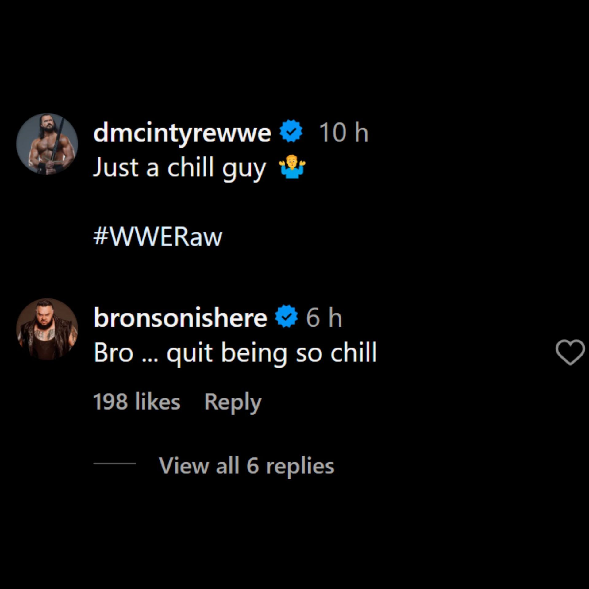 Bronson Reed&#039;s comment on Drew McIntyre&#039;s Instagram post.