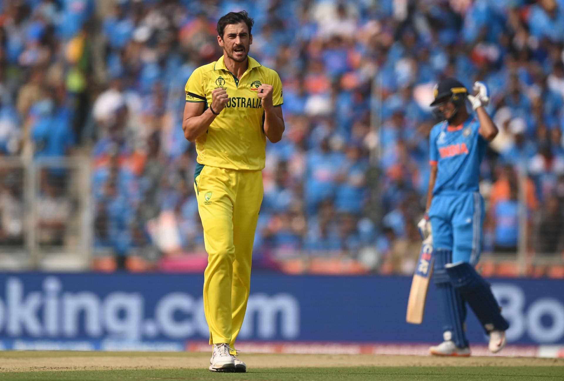 Mitchell Starc celebrates after picking a wicket in the 2023 World Cup final. Source: Getty