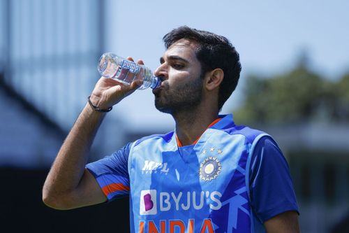 Bhuvneshwar Kumar looks on during an India training session ahead of the New Zealand and India T20 International series, at Basin Reserve on November 16, 2022, in Wellington, New Zealand. (Photo by Hagen Hopkins/Getty Images)