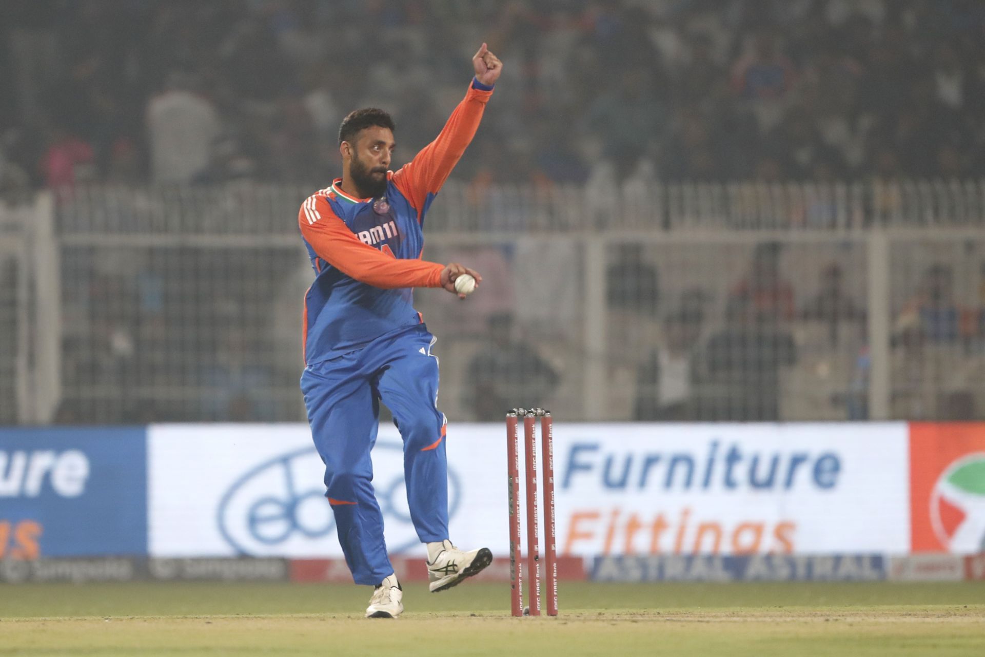 Varun Chakaravarthy registered figures of 3/23 in four overs in the first T20I against England. [P/C: Getty]