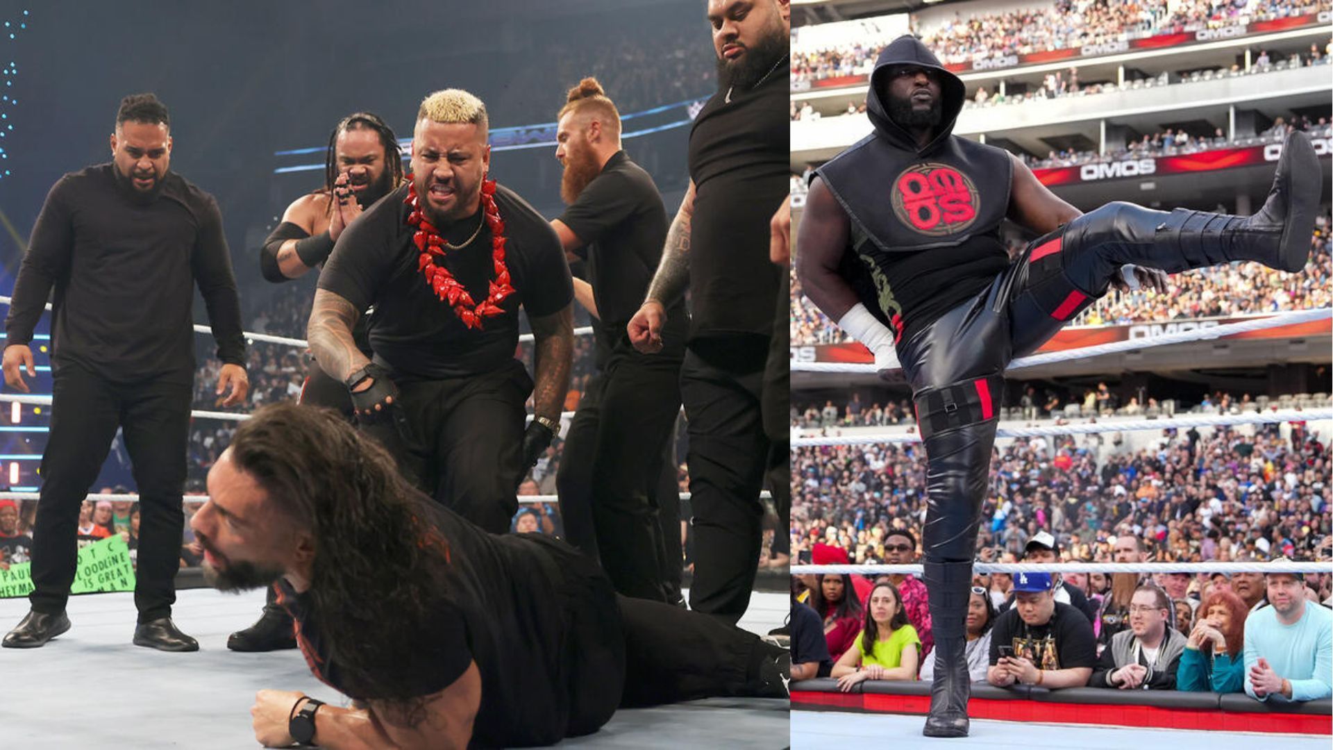 The Bloodline (left), Omos (right) (Image Credits: WWE.com)