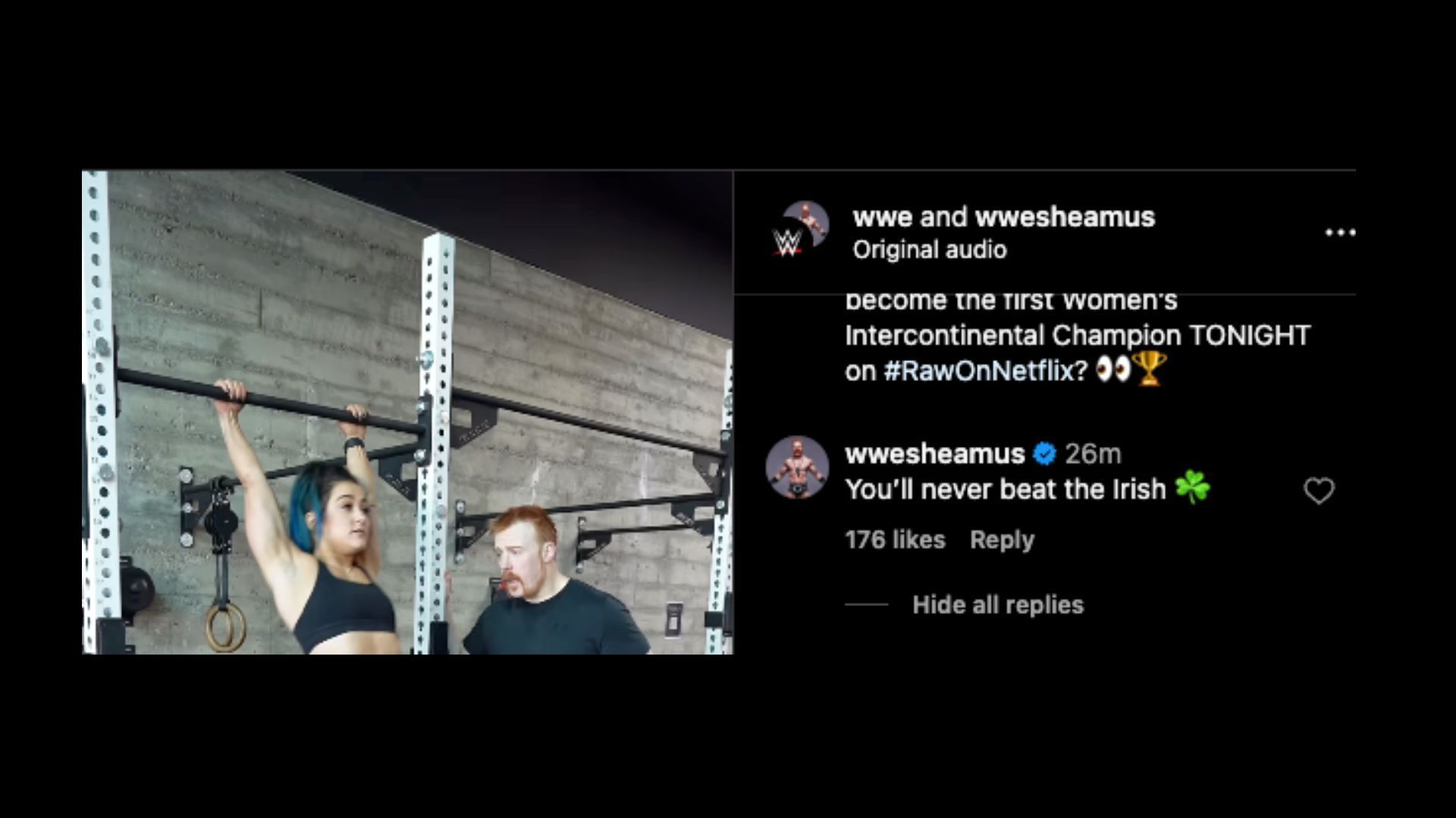 Sheamus shows support for Valkyria ahead of massive title match. [Image credit: screenshot of Sheamus&#039; comment on WWE&#039;s Instagram post]