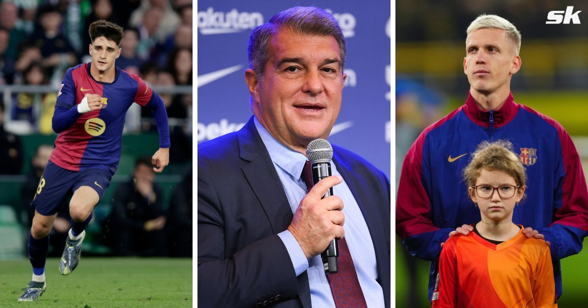 Pau Victor, Barcelona president Joan Laporta and Dani Olmo