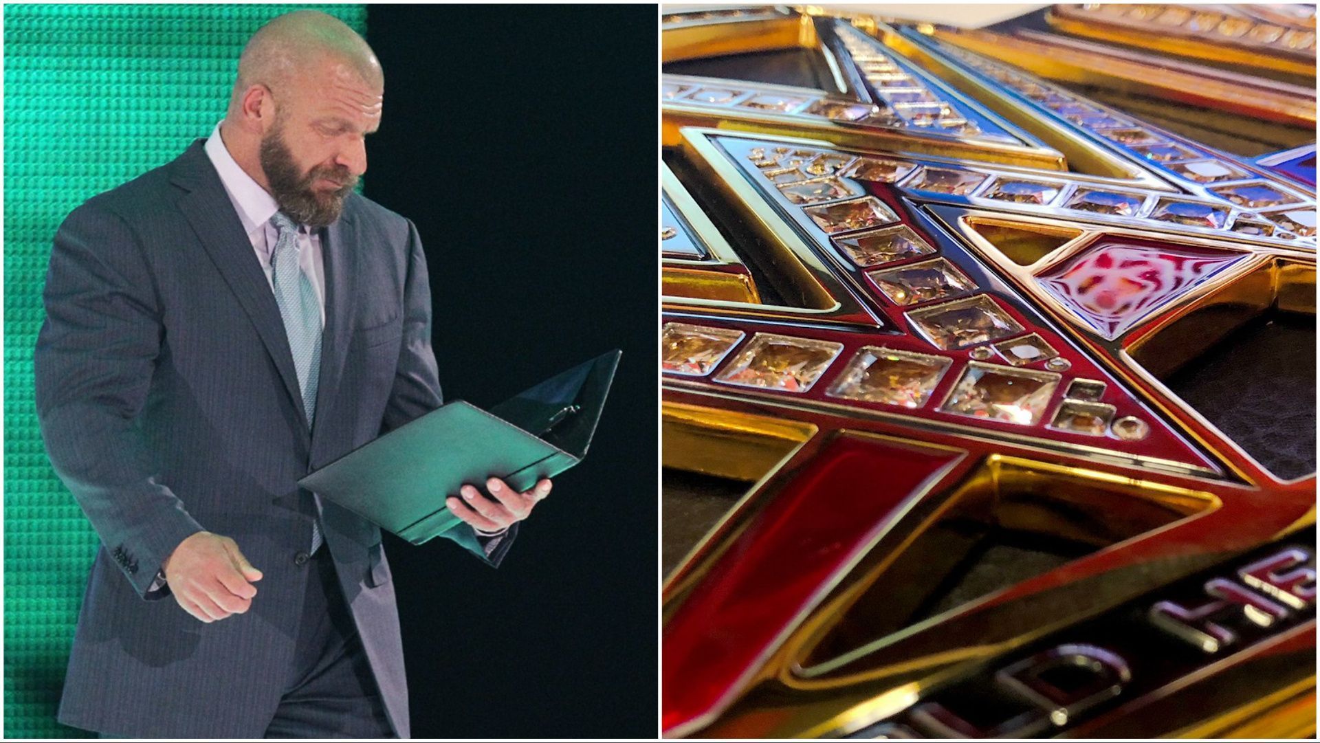 Triple H checks the paperwork on WWE RAW, a WWE championship plate on display