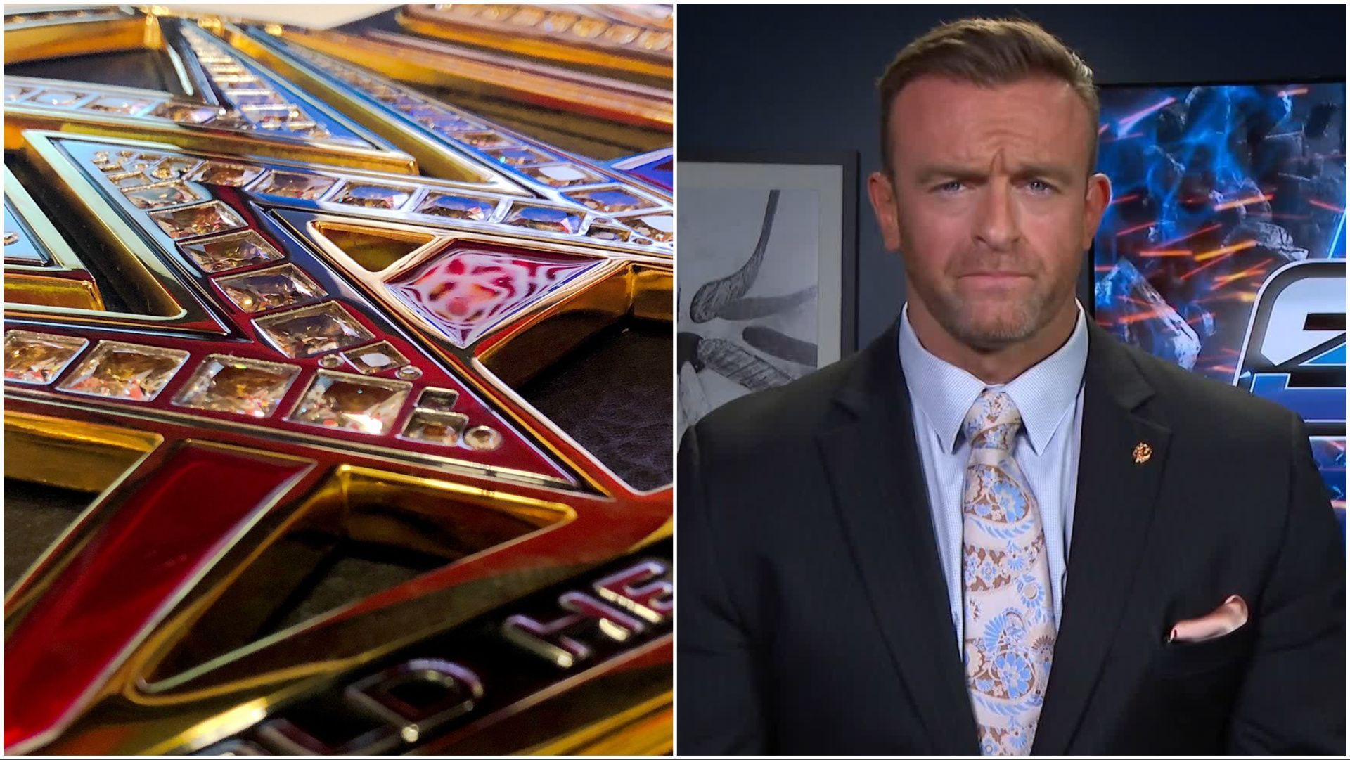 WWE championship on display and SmackDown GM Nick Aldis